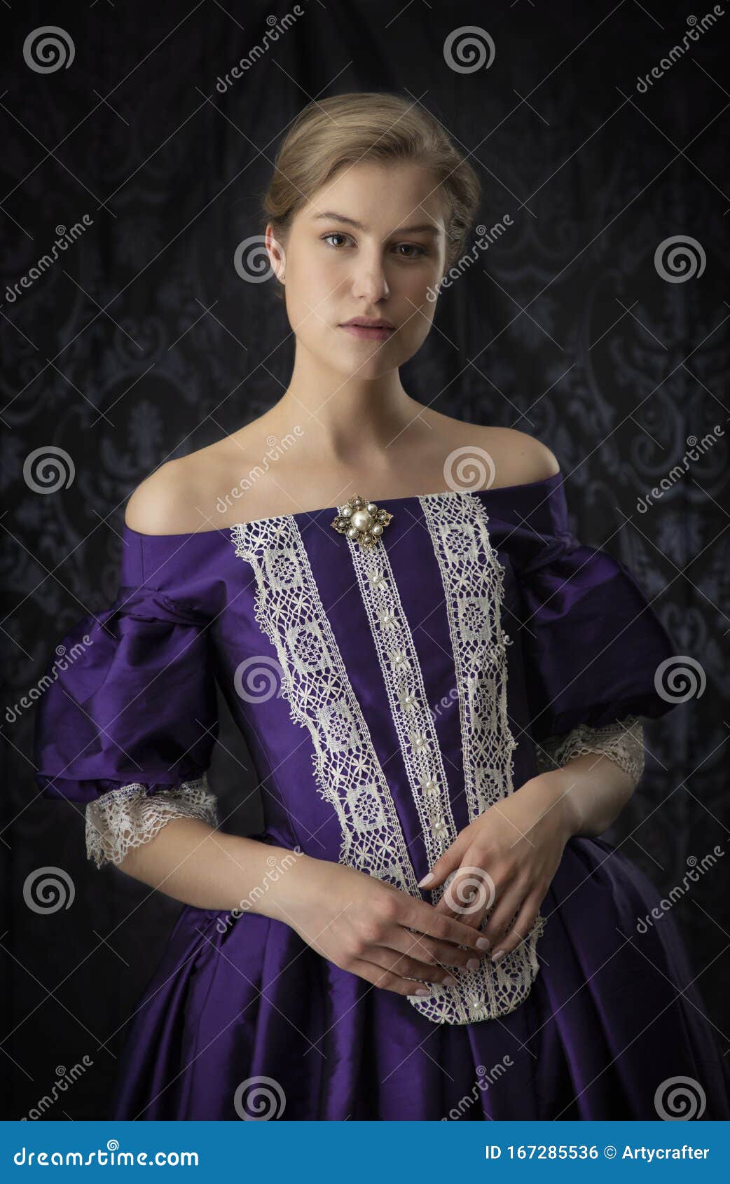 victorian, 18th century, or renaissance woman in a silk dress