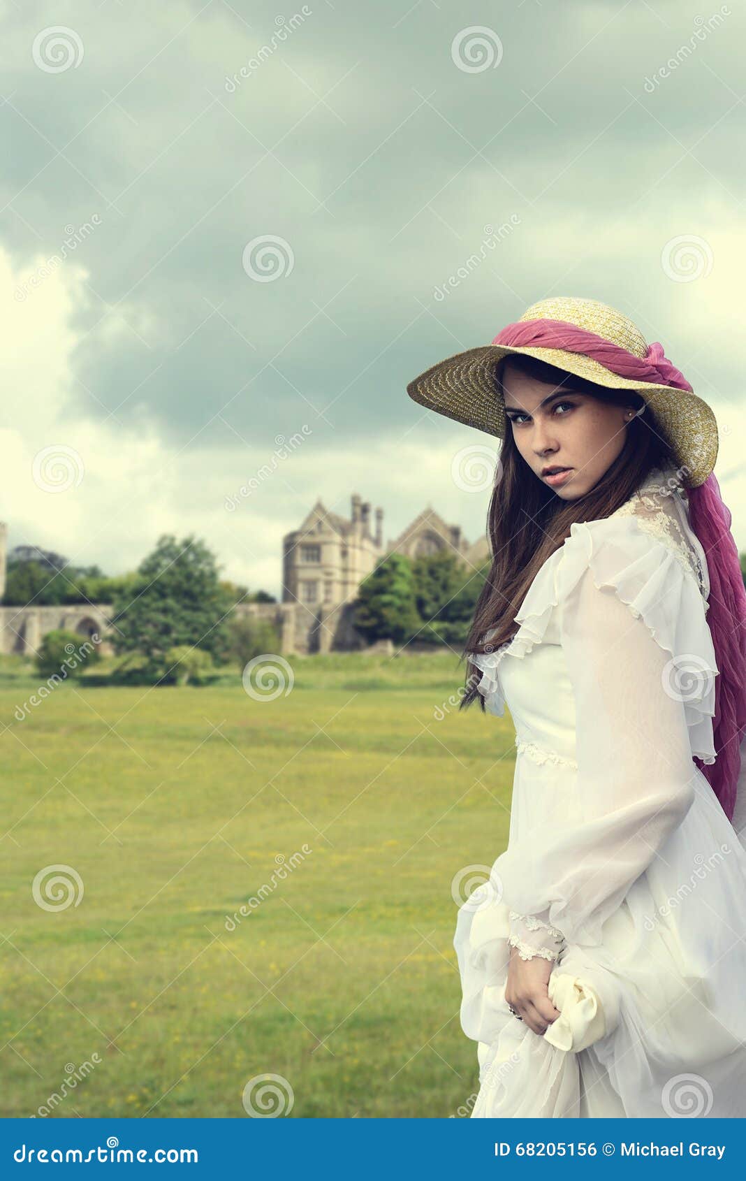 victorian woman with manor house