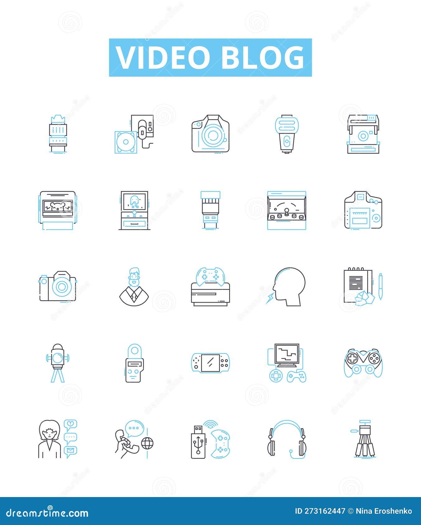 video blog  line icons set. vlog, video-blog, videoblog, blogging, video-logging, streaming, youtube 
