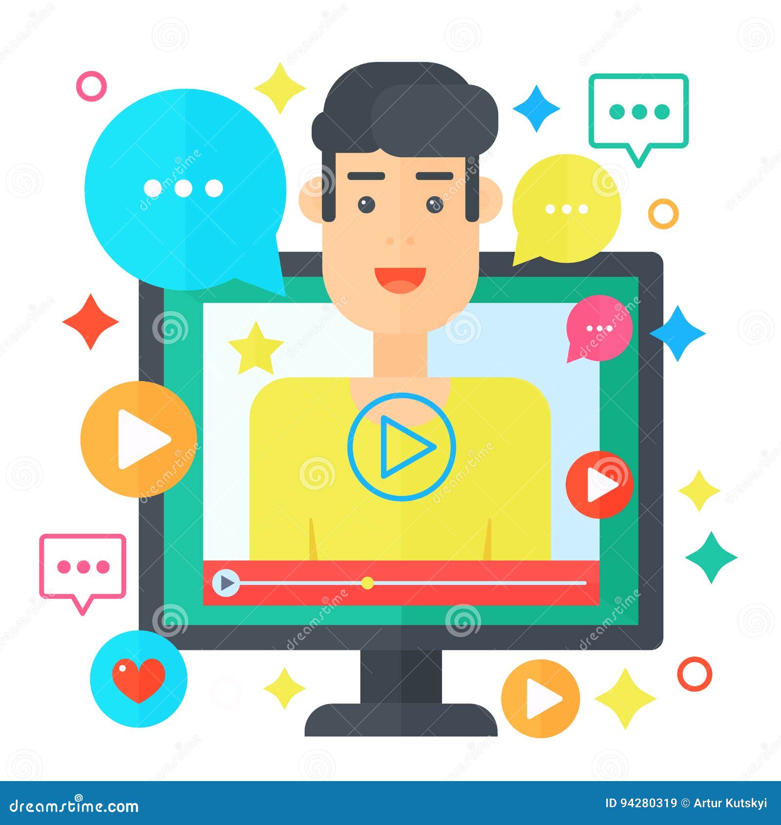 Video Blogger Concept. Computer Screen with Man Blogger. Personal