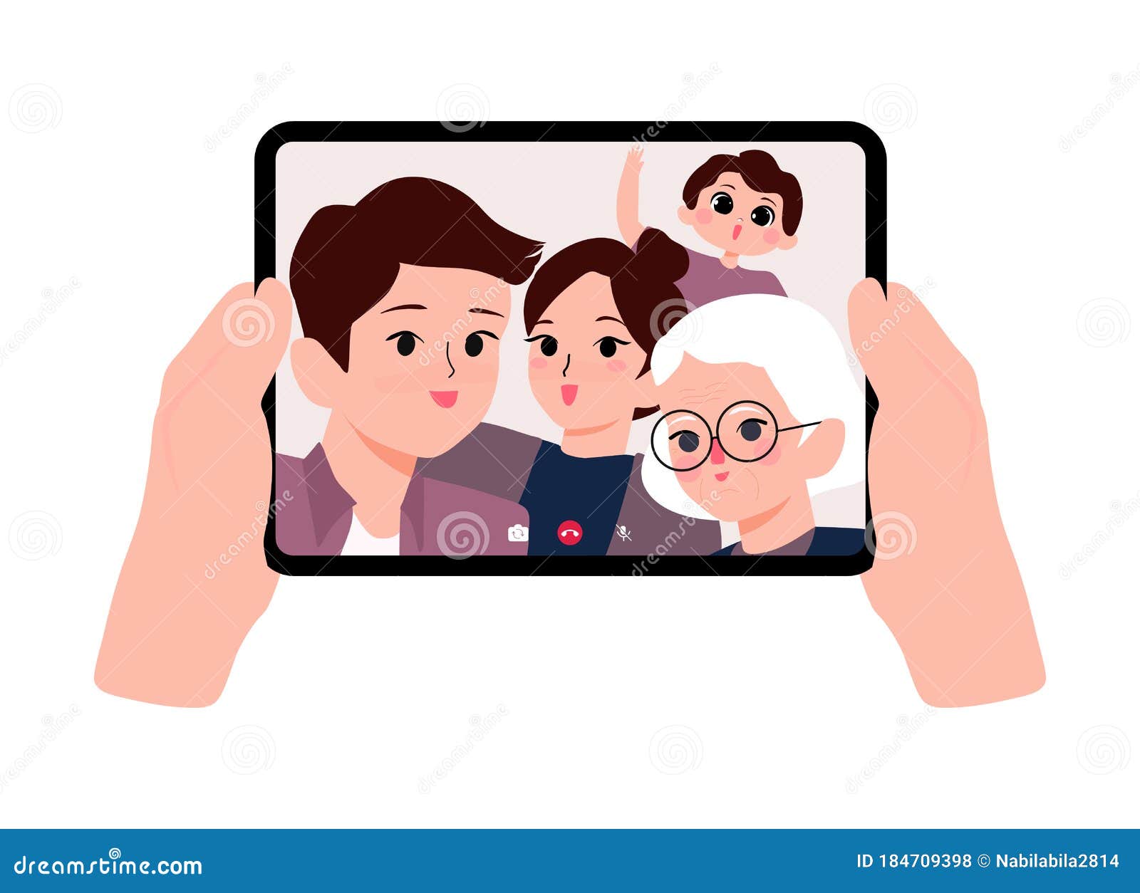 Video Call Concept. Hands Holding Tablet with Family on Screen. Finger  Touch Screen Stock Vector - Illustration of couple, internet: 184709398