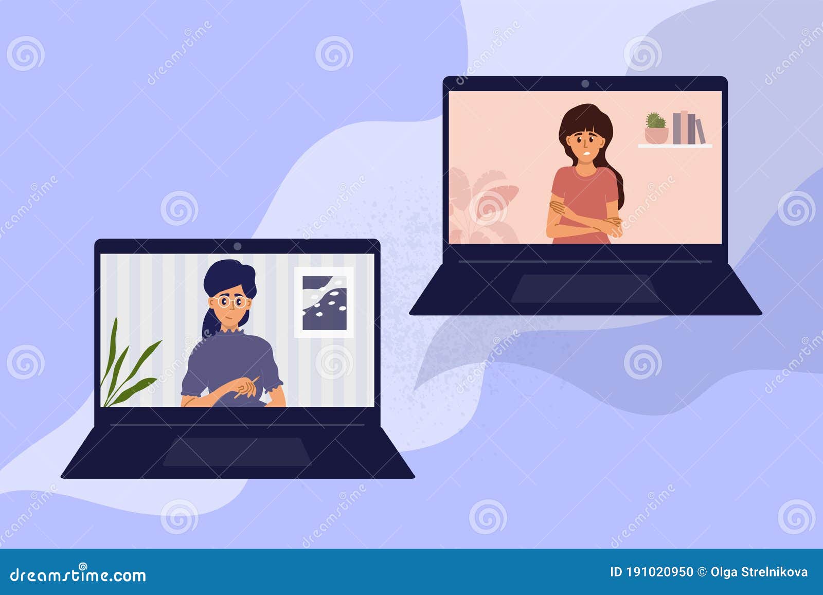 African girl friends chat online. Girl sitting in a chair in front of a  laptop and speaks with friend. Video conference, online chat concept.  Working or online meeting from home. Vector illustration.