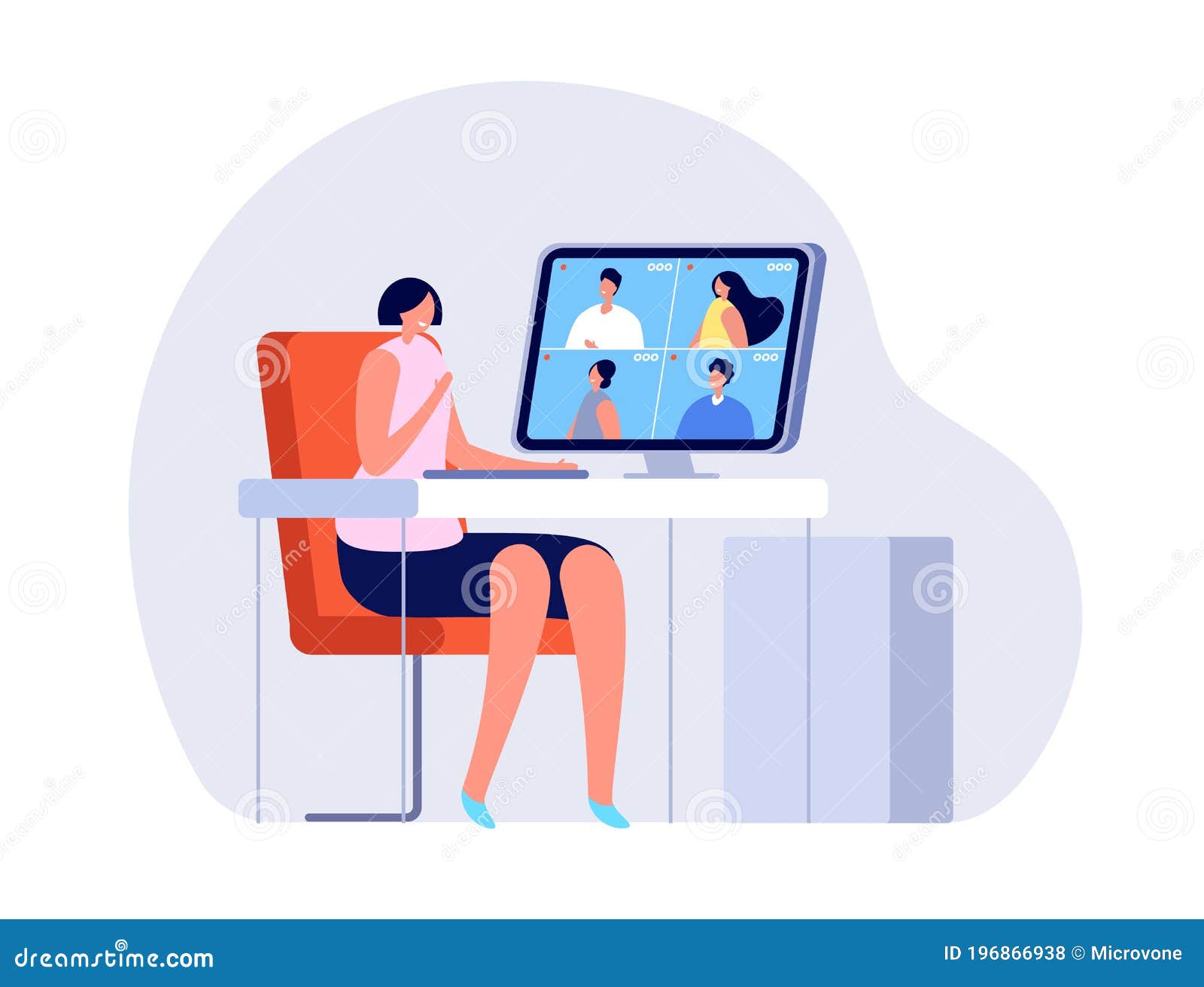 Video conference. Woman at home chatting with friends on computer screen,  online communication with coworkers, video chat vector concept. Internet  meeting with colleagues, having e-learning Stock Vector