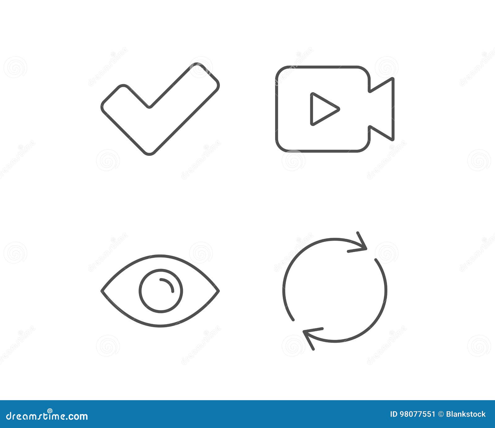 Video Camera, Check and Rotation Arrow Icons. Stock Vector