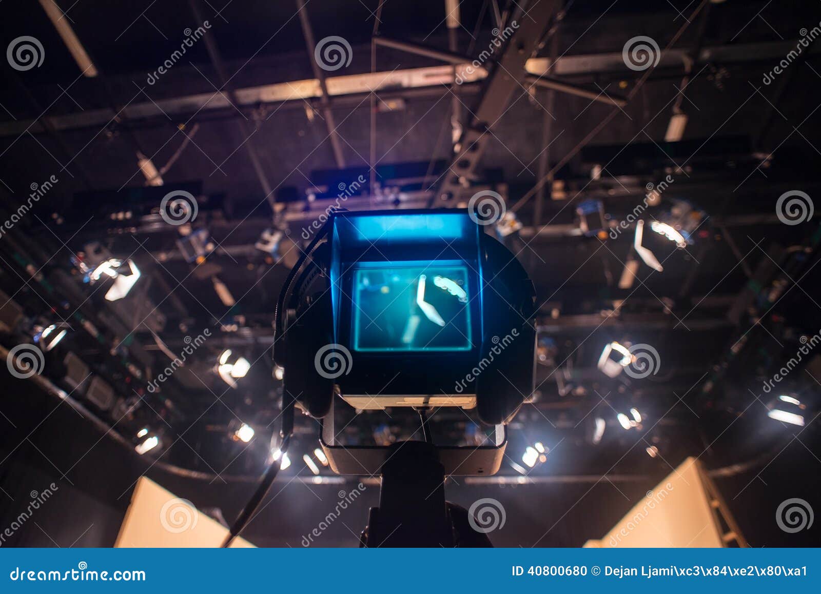 Video Camera Viewfinder Recording Show in TV Studio Stock Photo