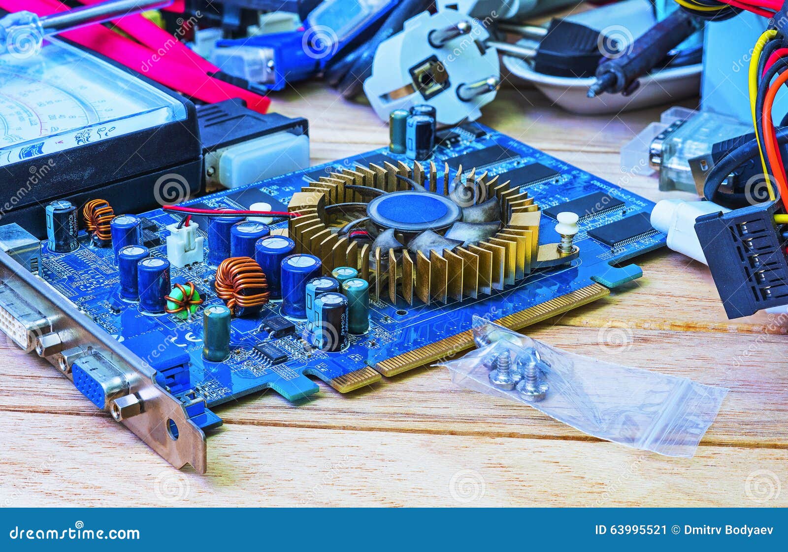 Video card for repairs stock image. Image of macro, cable 63995521