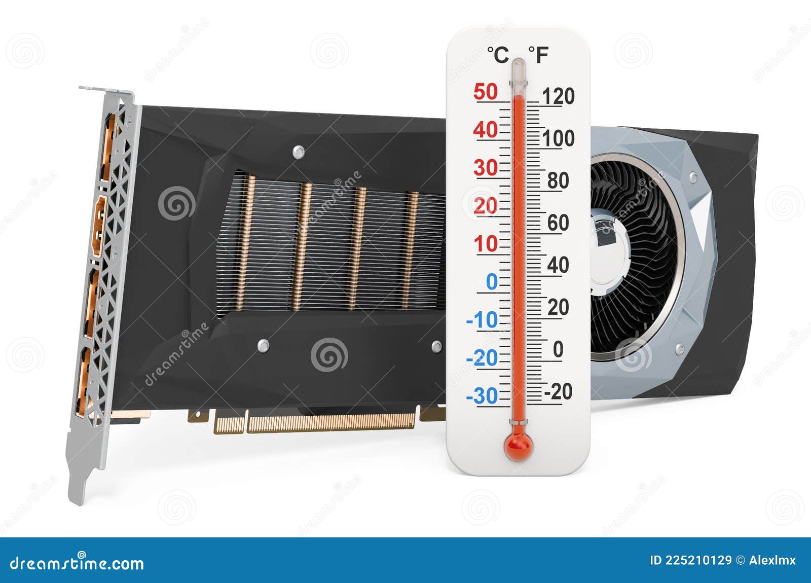 Video Card with Thermometer. GPU Overheating Concept, 3D Rendering