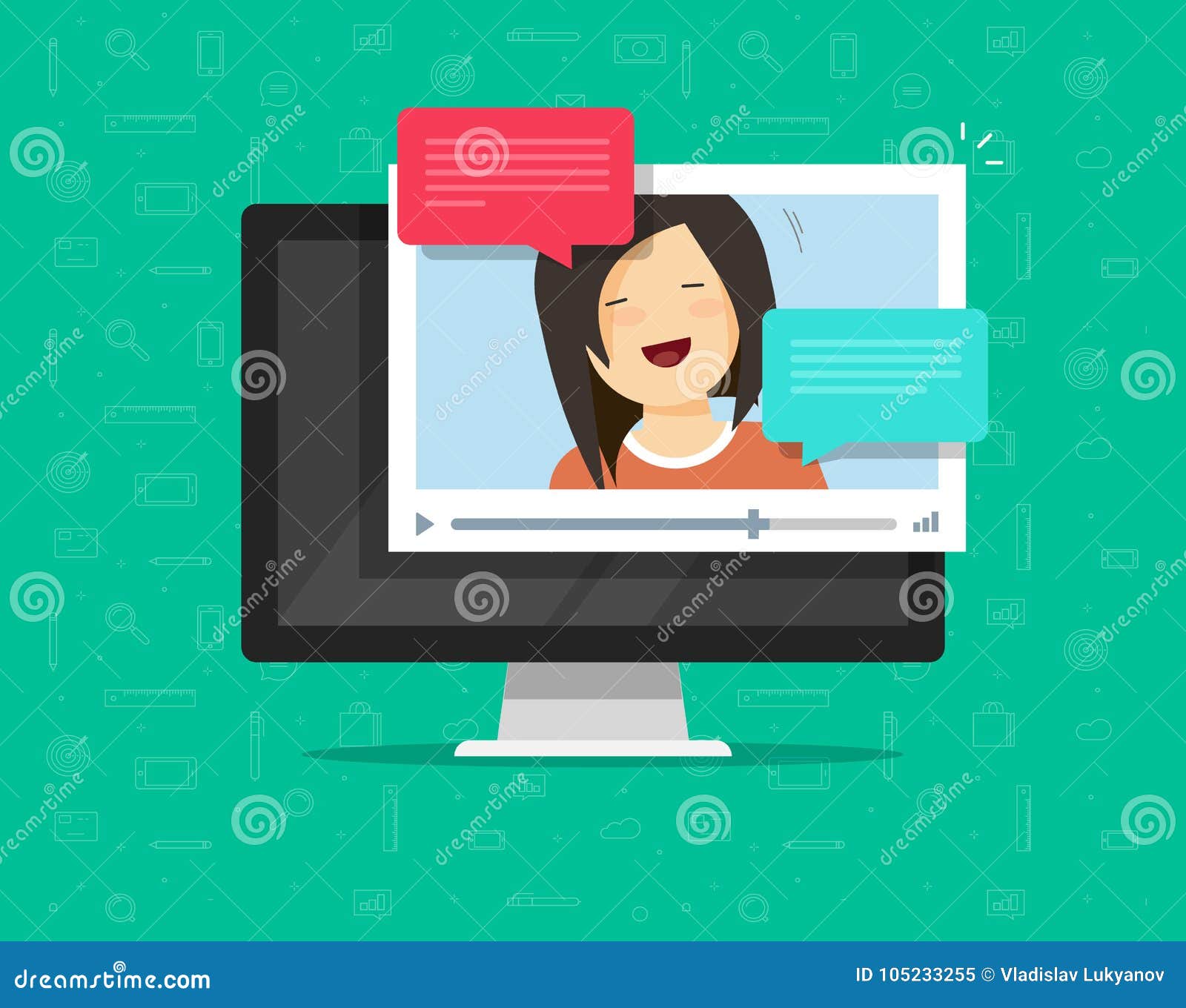 Video Chatting Online on Computer Vector Illustration, Flat Video Player  Window Stock Vector - Illustration of chatting, live: 105233255