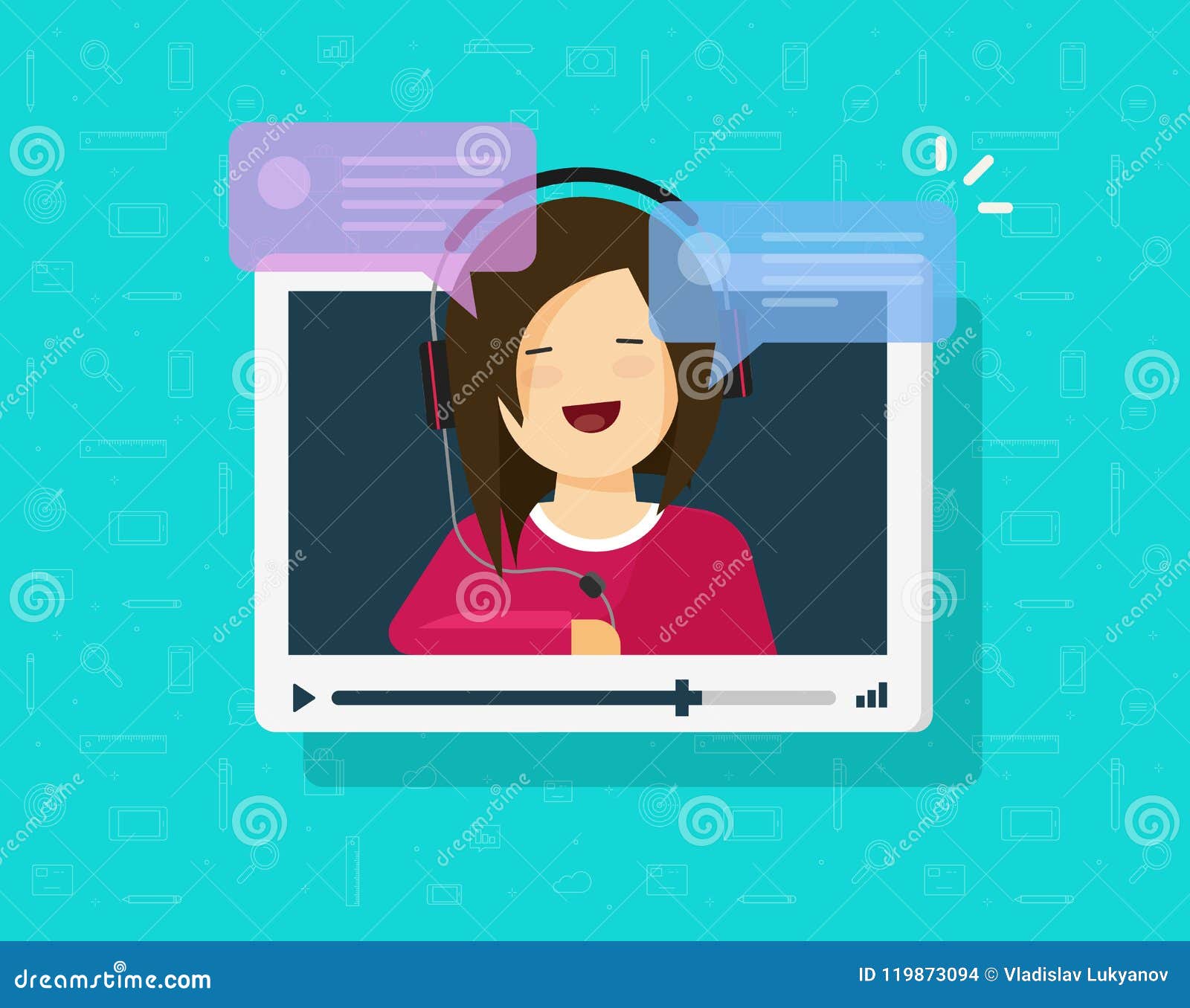 Video Chatting Online Vector Illustration, Flat Cartoon Video Player Window  with Speaking Happy Girl and Bubble Speeches Stock Vector - Illustration of  online, chat: 119873094