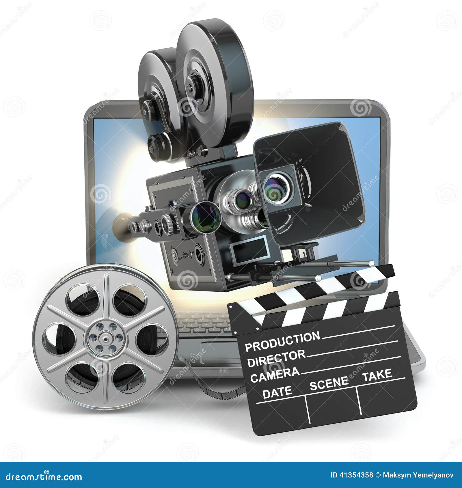 Video Concept. Camera on Laptop, Still Reels and Clapboard Stock