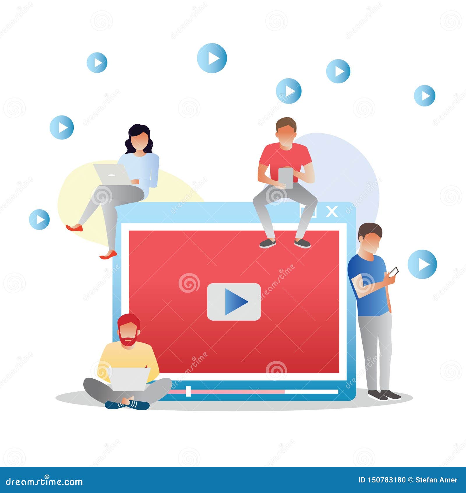 Video Concept Illustration of Young People Using Mobile Gadgets, Tablet ...