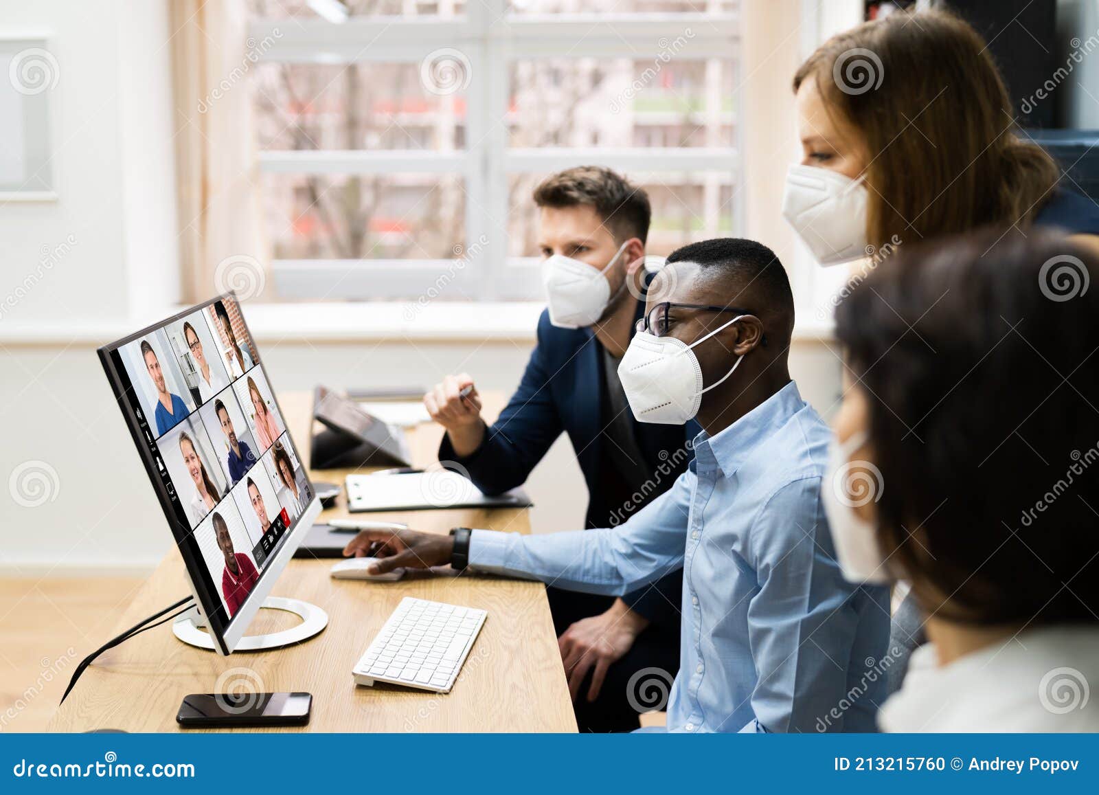 Video Conference Call at Business Meeting Stock Photo - Image of mask