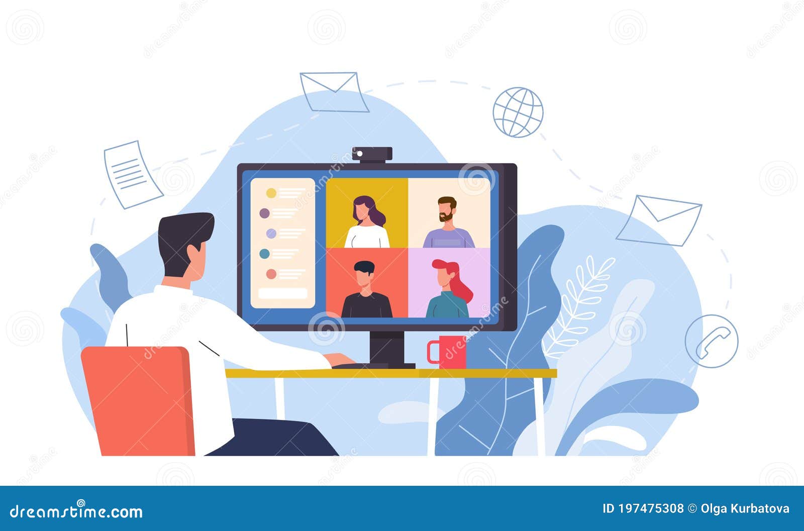 video conference. man at desk provides collective virtual meeting using computer, online chat remote work with video