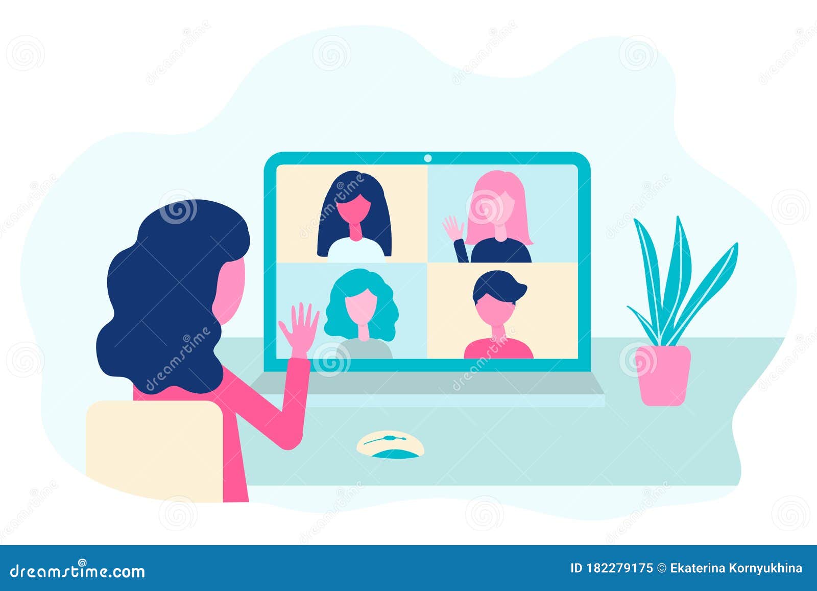 Video conference. Woman at home chatting with friends on computer screen,  online communication with coworkers, video chat vector concept. Internet  meeting with colleagues, having e-learning Stock Vector