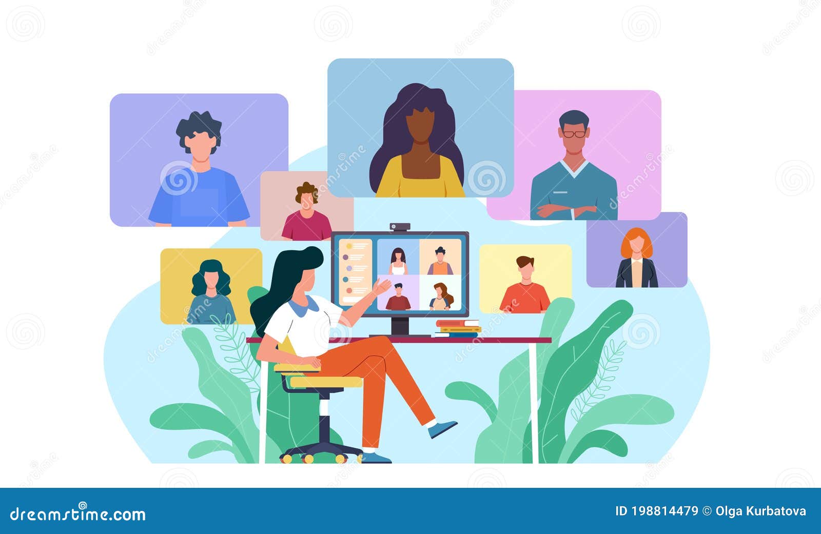 video conference. woman at desk provides collective virtual chat. online business meeting working team webinar with