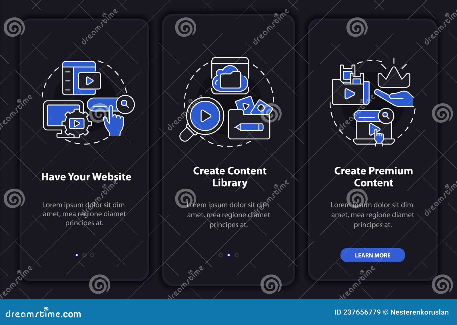 Video on Demand Night Mode Onboarding Mobile App Screen Stock Vector