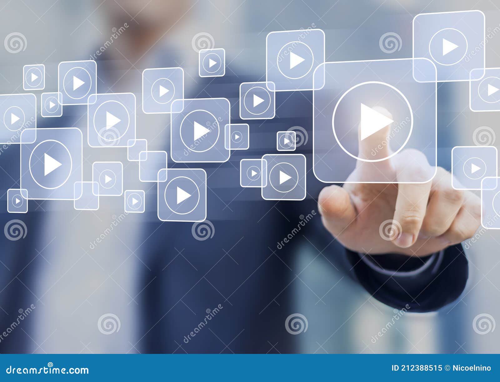 Video on Demand Technology with Person Touching Play Button on Virtual Screen To Watch Online VOD Streaming of Movie or TV Stock Image