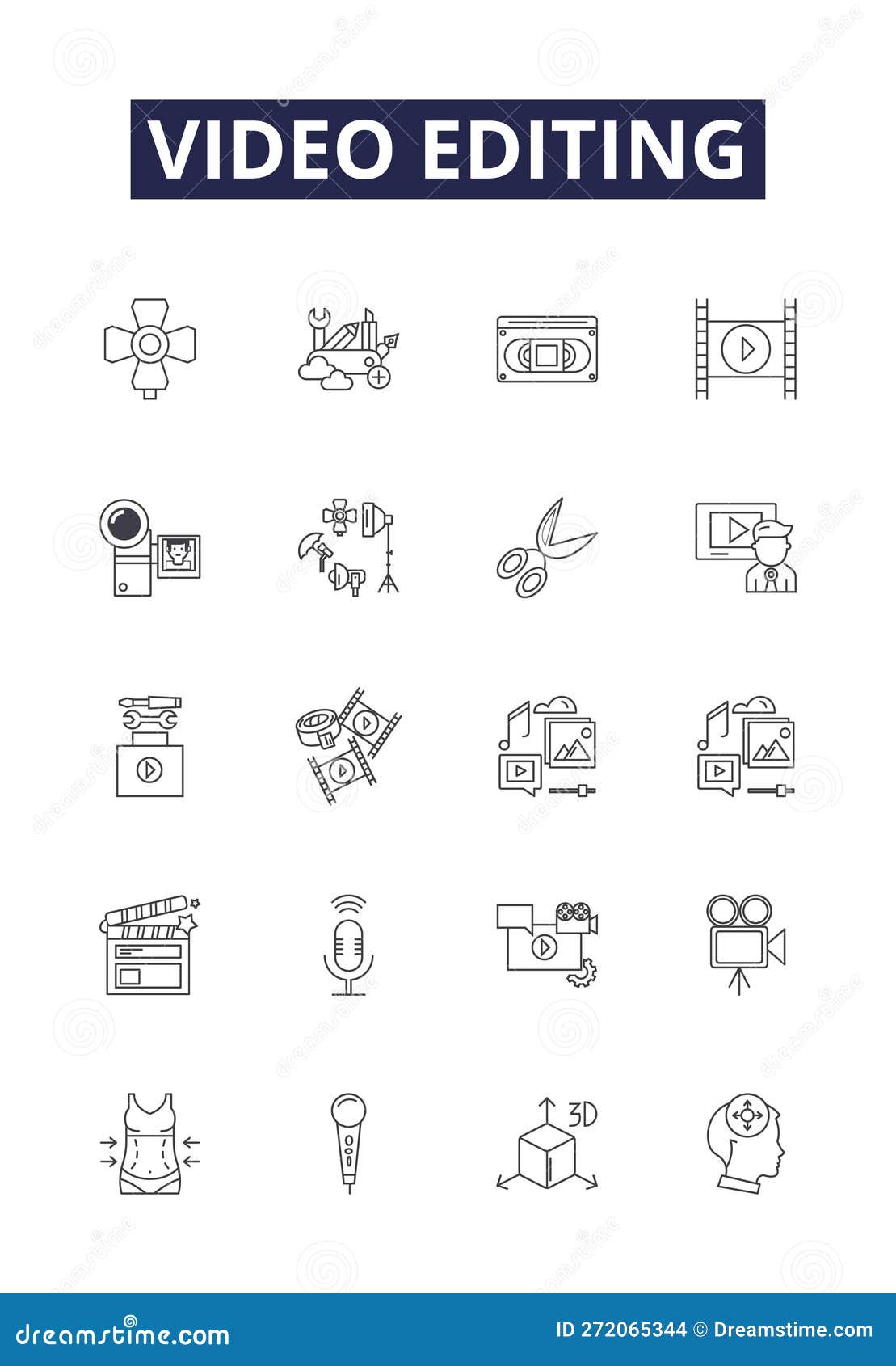 video editing line  icons and signs. videos, clip, trim, assemble, capture, render, distort, motion outline 