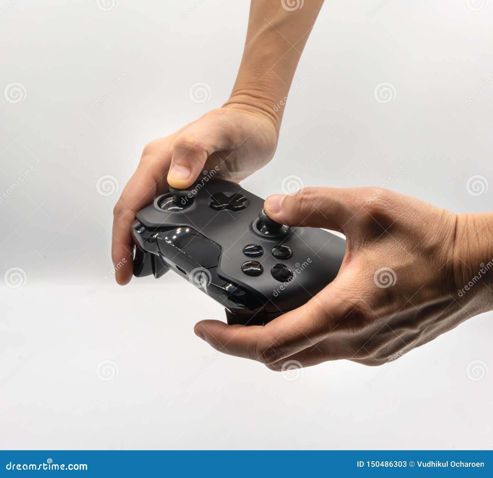 Video Game Controller in Gamer Hands. Hold New White Stock Image - Image of joystick, gamer: 150486303