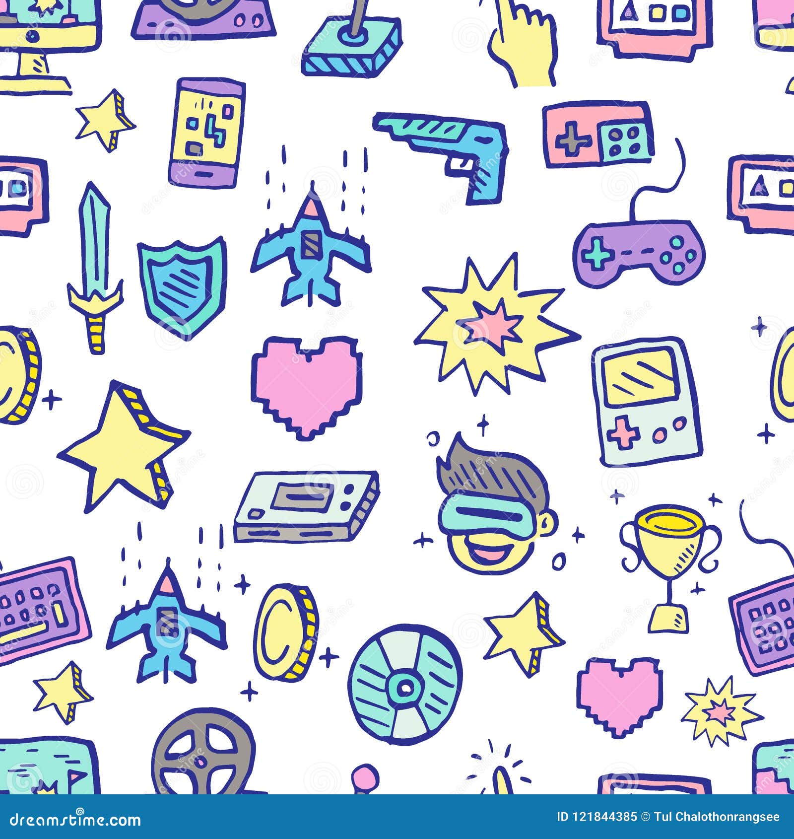 Video Game Doodle Seamless Pattern Stock Vector Illustration of electronic, button 121844385