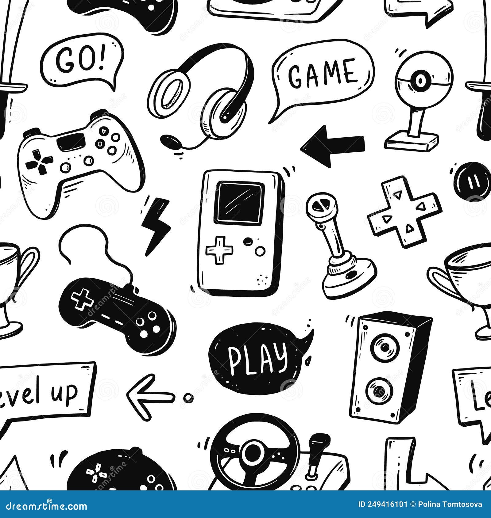 Video Game Hand Drawn Doodle Seamless Pattern. Video Gamer Console,  Joystick, Controller Element Stock Vector - Illustration of pattern, retro:  249416101, image size:1600x1690