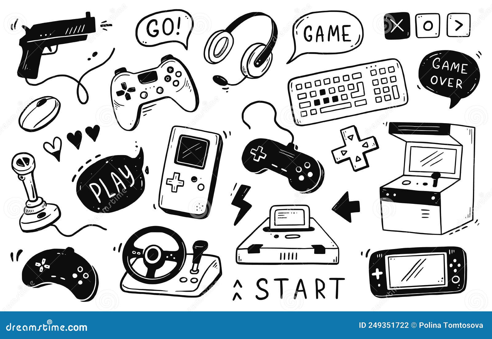 Video Game Hand Drawn Doodle Set. Video Gamer Console, Joystick, Gadget