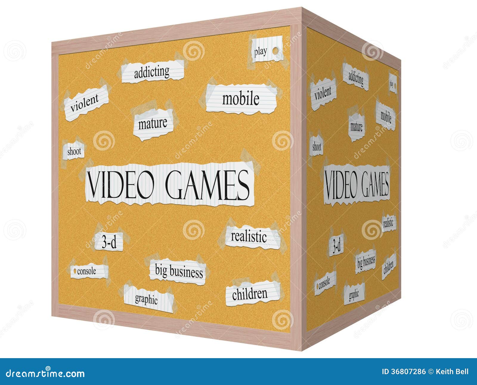 video games 3d cube corkboard word concept