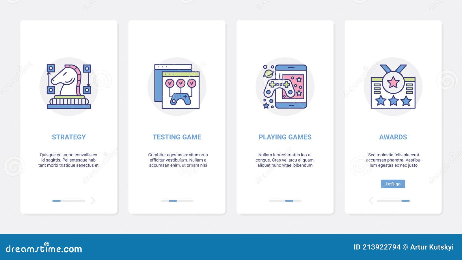 video games entertainment line technology ui, ux onboarding mobile app page screen set