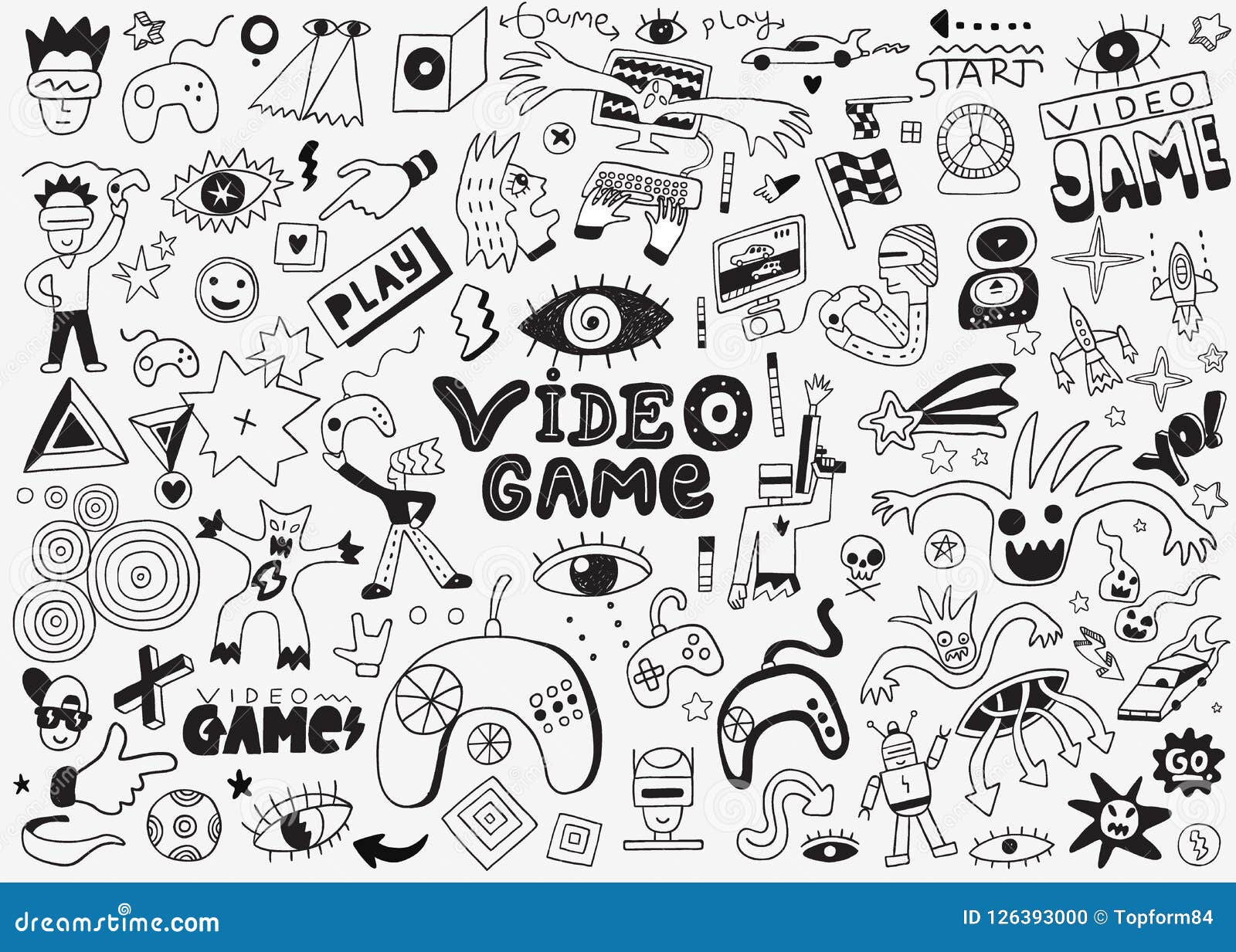 Video Games Vector Doodle Set Pencil Drawings Stock Vector