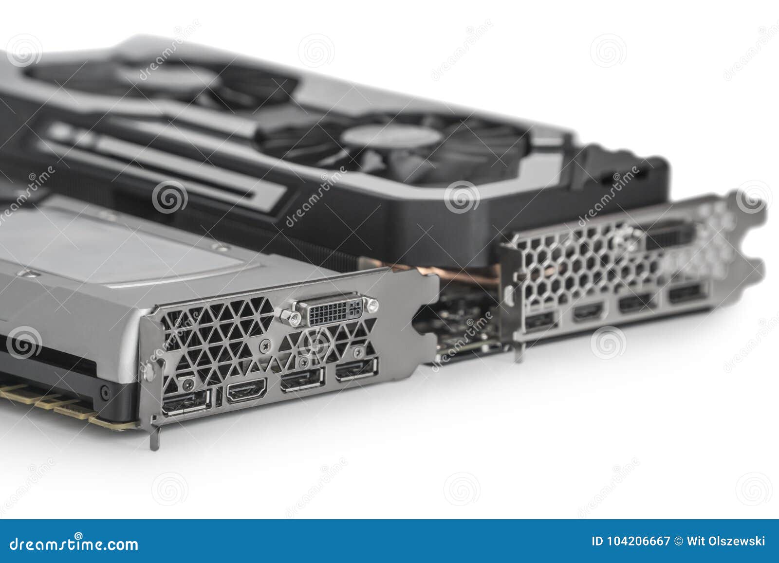 two video graphics cards with powerful gpu  on white background