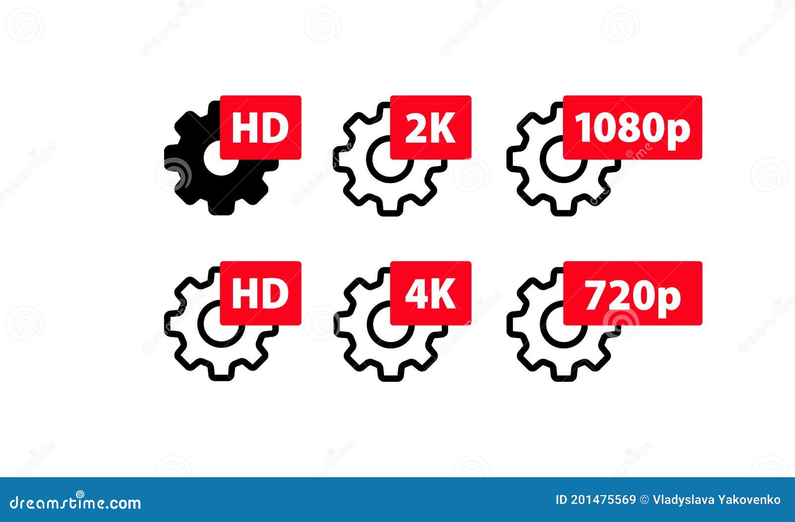 Video Quality Symbol Hd Full Hd 2k 4k 7p 1080p Icon Set High Definition Display Resolution Icon Standard Gears With Stock Vector Illustration Of Internet Button