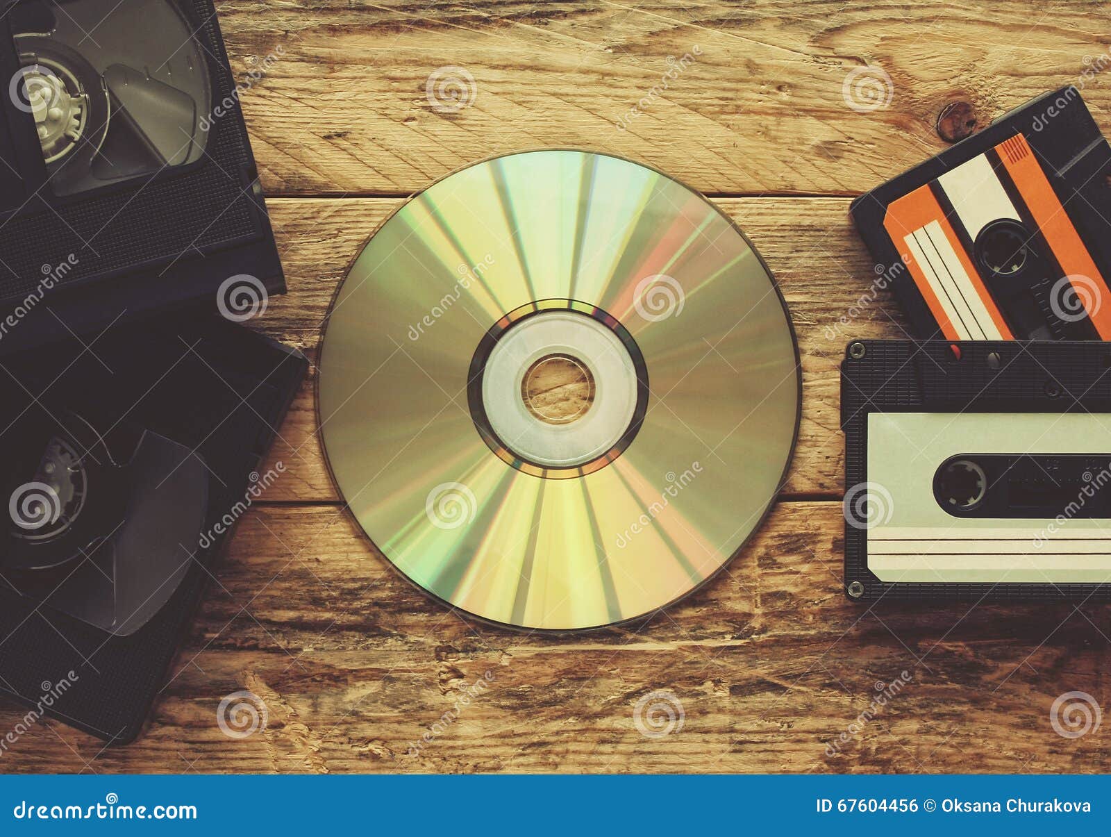 Video Tapes, Audio Tapes and Compact Disc Stock Photo Image of