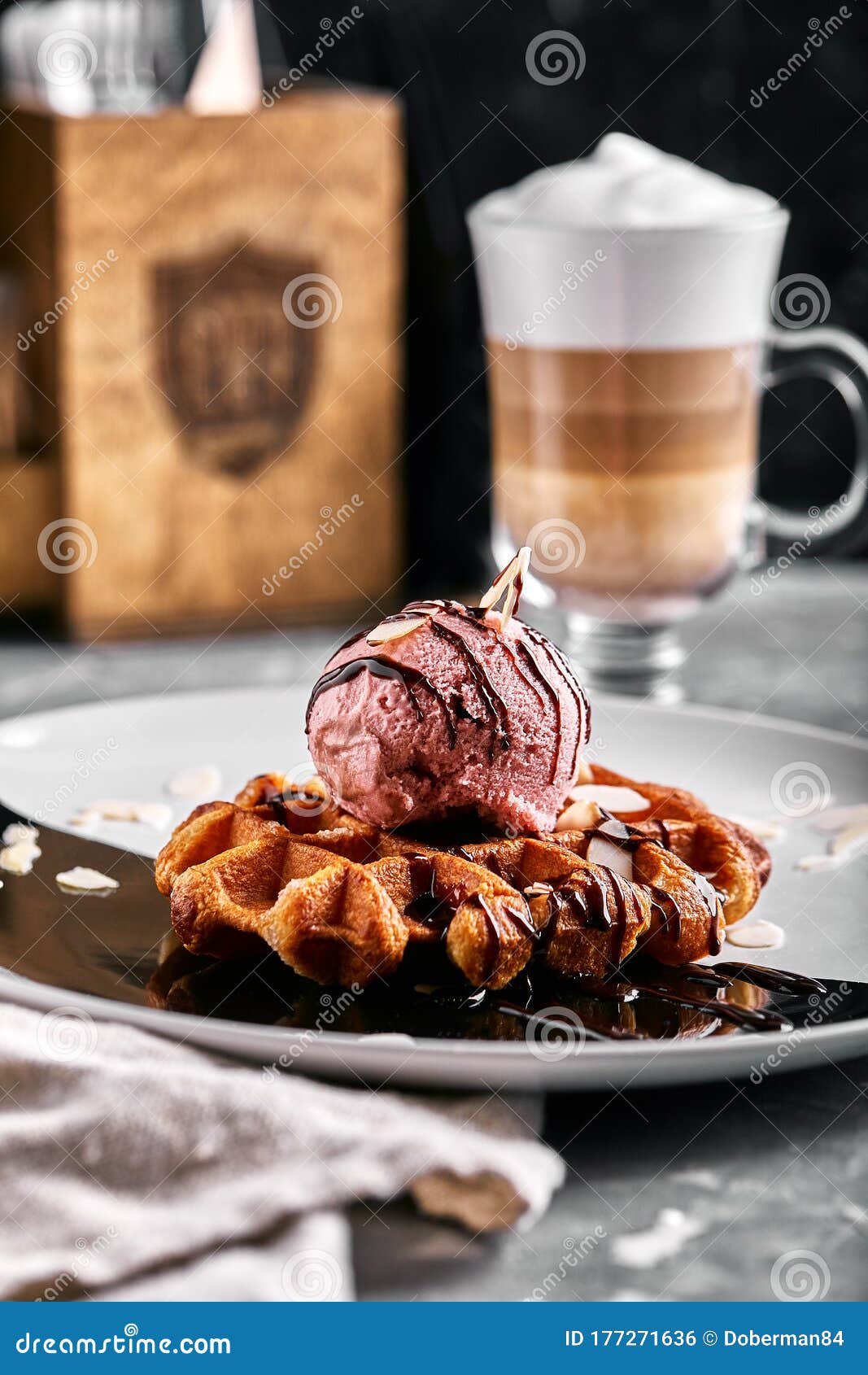viennese waffles ice cream coffee beautiful picture dessert latte concept sweet life food photo copy space gray 177271636