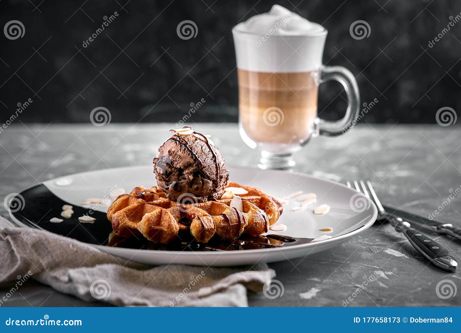 viennese waffles ice cream coffee beautiful picture dessert latte concept sweet life food photo copy space gray 177658173