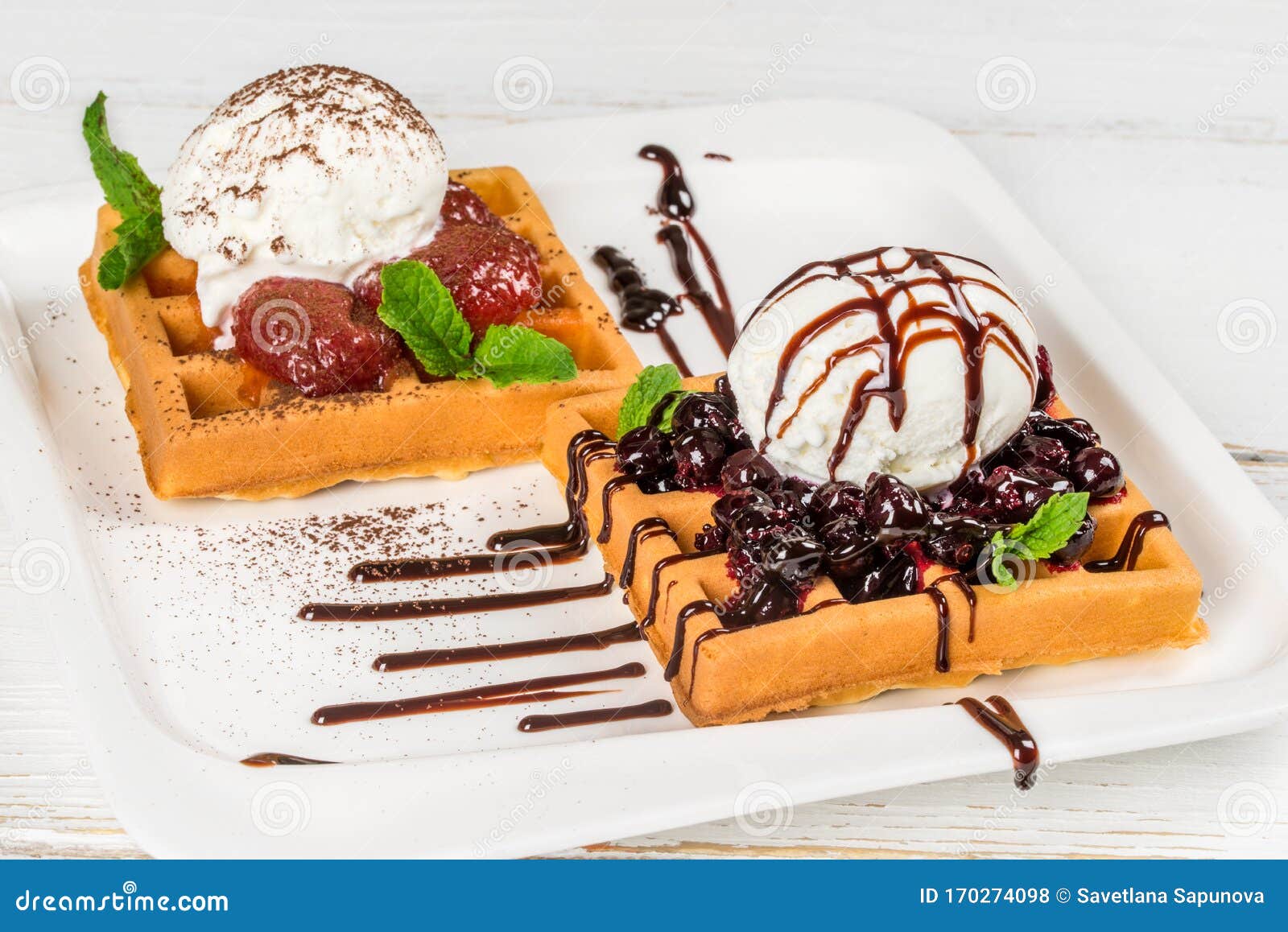 Viennese Waffles with Ice Cream and Different Types of Jam Stock Photo ...