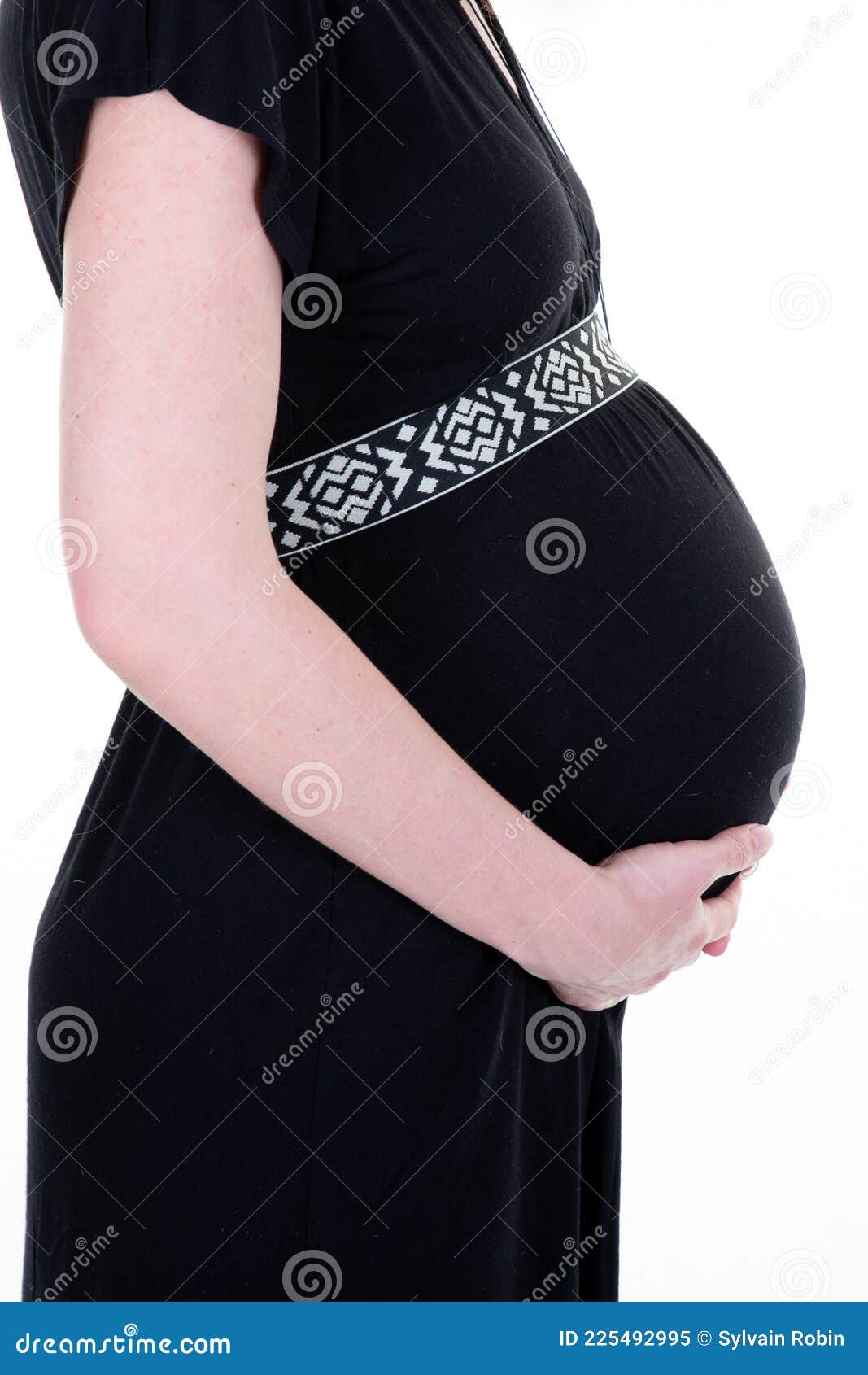 Vientre De Perfil Lateral De Mujer Embarazada En El Vestido Vista