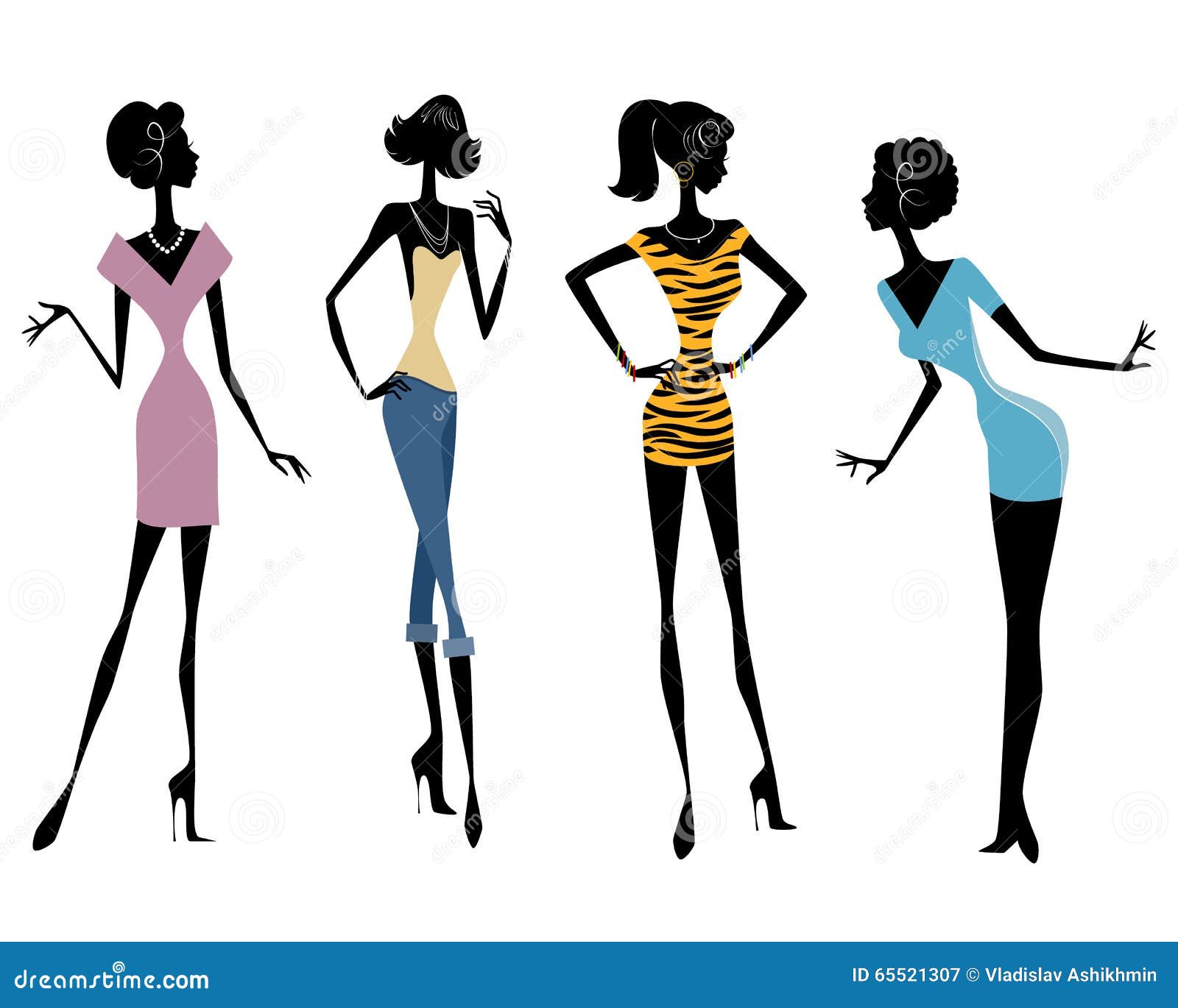 Vier meisjes in kleding vector illustratie. Illustration of meisje ...