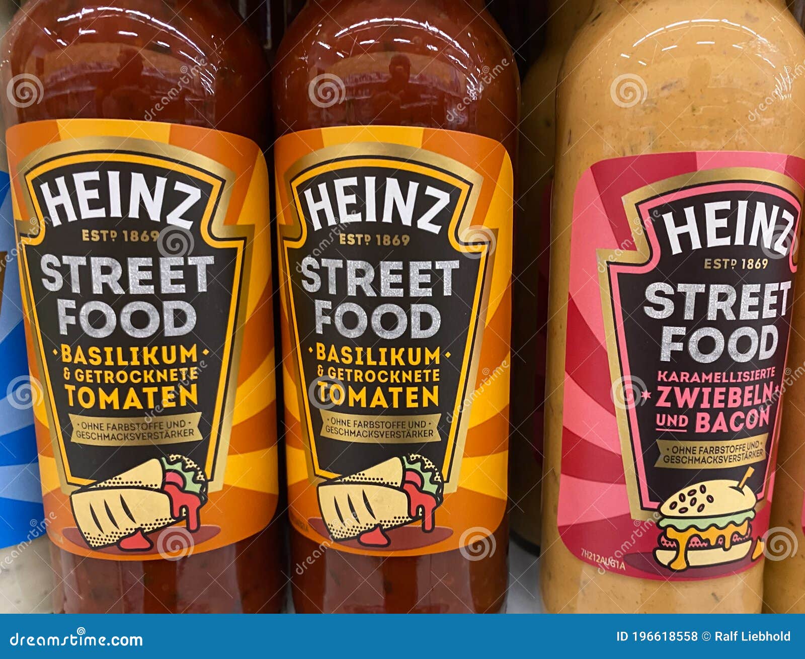View on Bottles Heinz Street Food Sauce in Shelf of German Supermarket