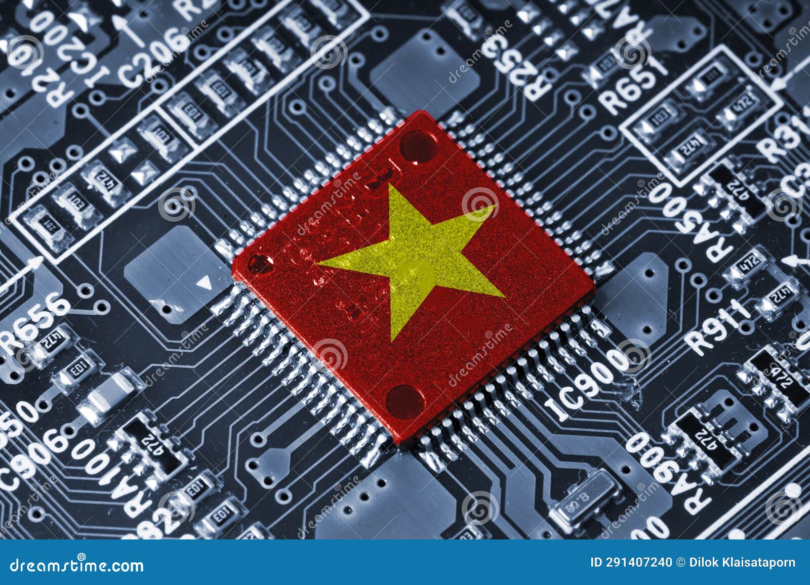 Vietnam Flag on Microchip Processor on Electronic Board for Important