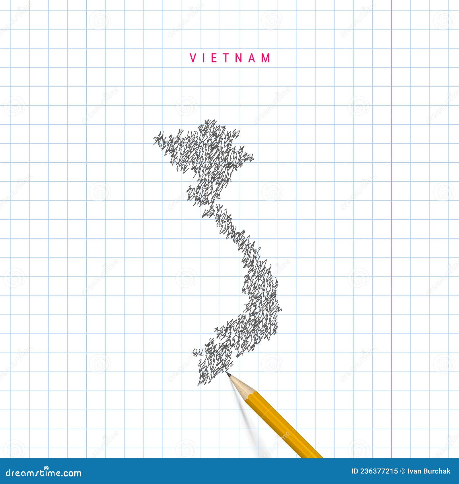 Vietnam Sketch Scribble Vector Map Drawn on Checkered School Notebook ...