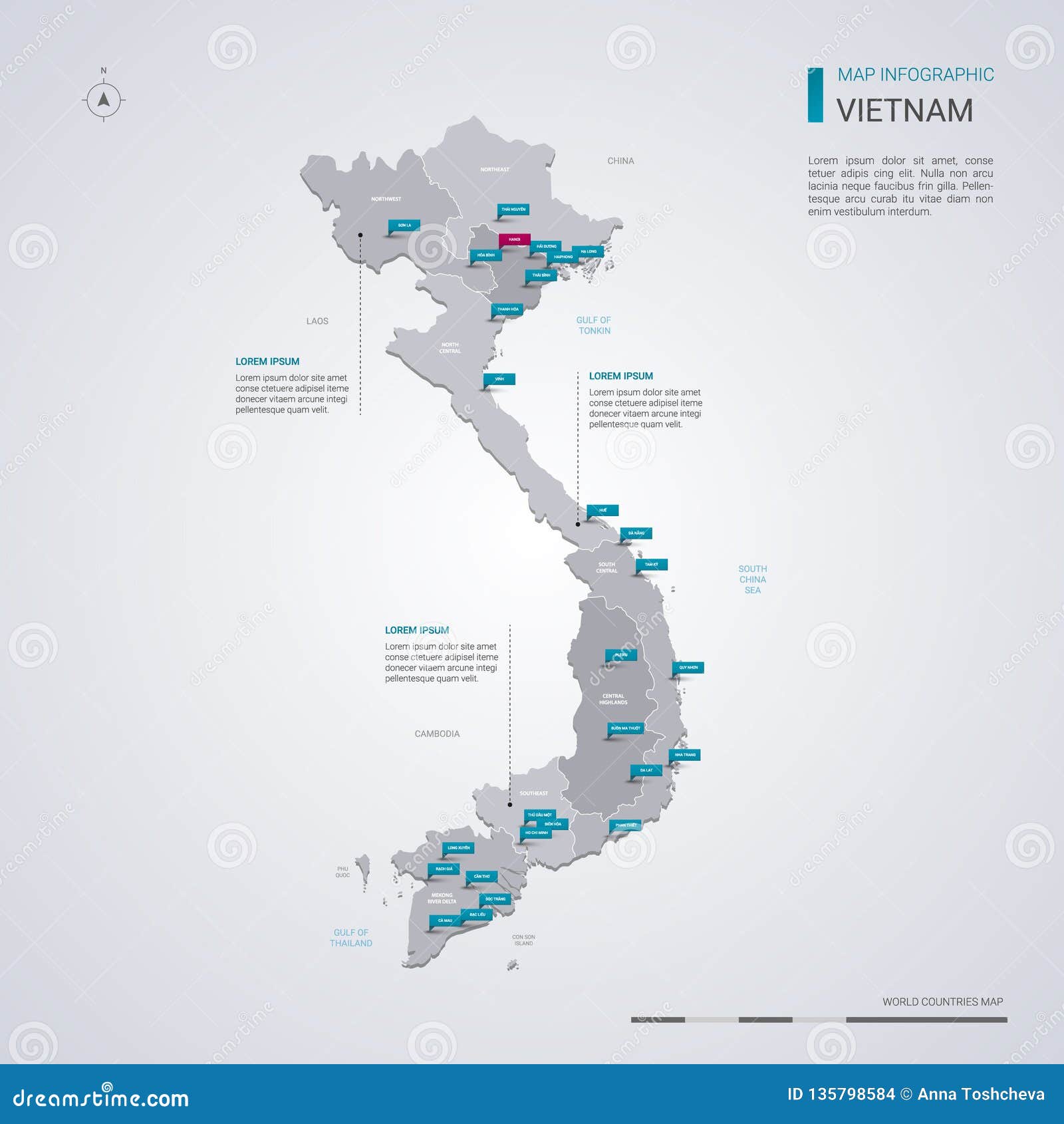 Vietnam Vector Map with Infographic Elements, Pointer Marks Stock