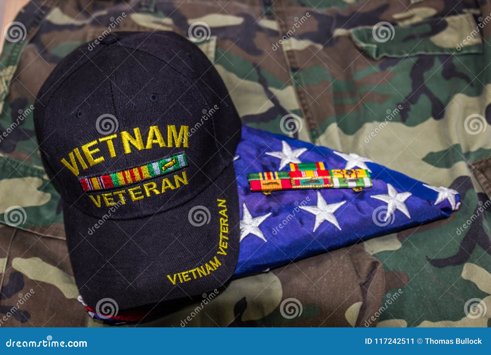 Download Vietnam Veteran Cap, Ribbons & American Flag On Camouflage ...