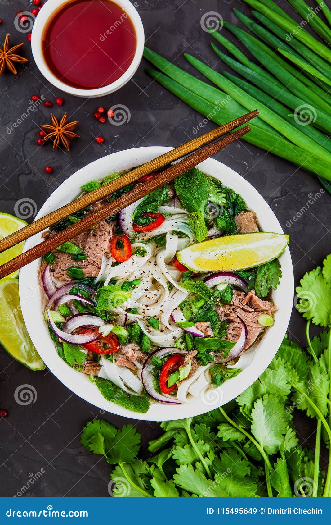 Vietnamese Beef Noodle Soup Pho Bo with Beef on Dark Background Stock ...