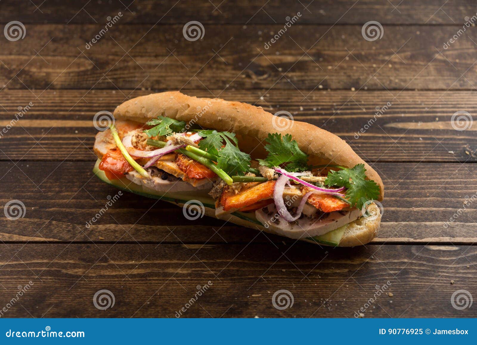 Vietnamese Bread with Fried Pork and Herb on Wooden Table Stock Image
