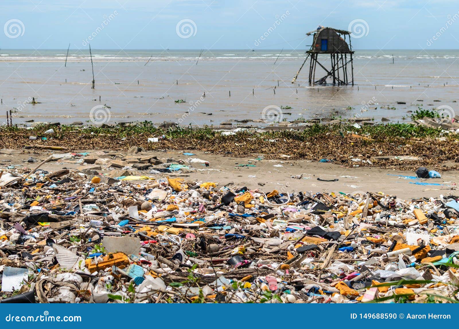 vietnamese coastline covered in trash and garbage