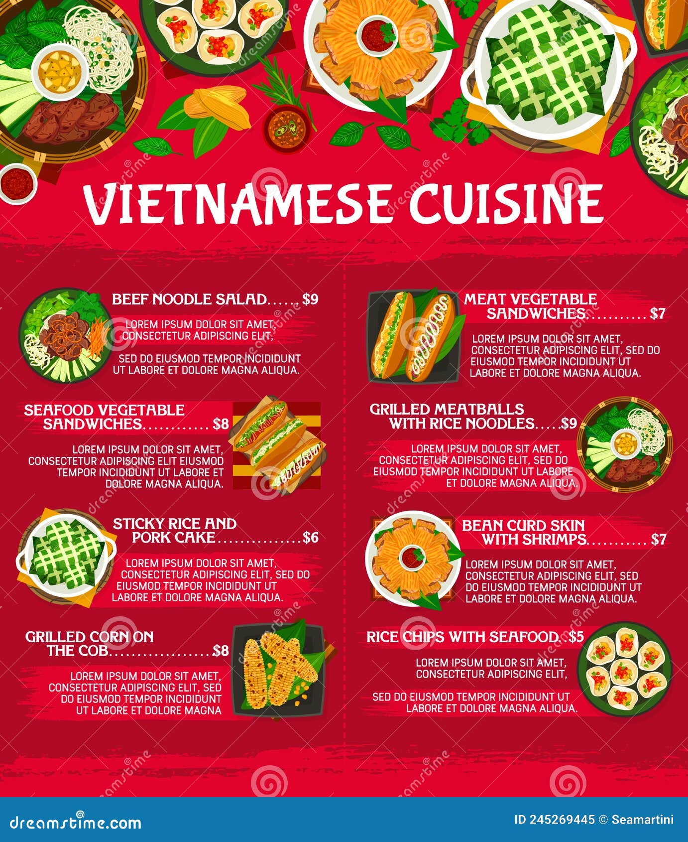 Vietnamese Cuisine Restaurant Meals Menu Template Stock Vector ...