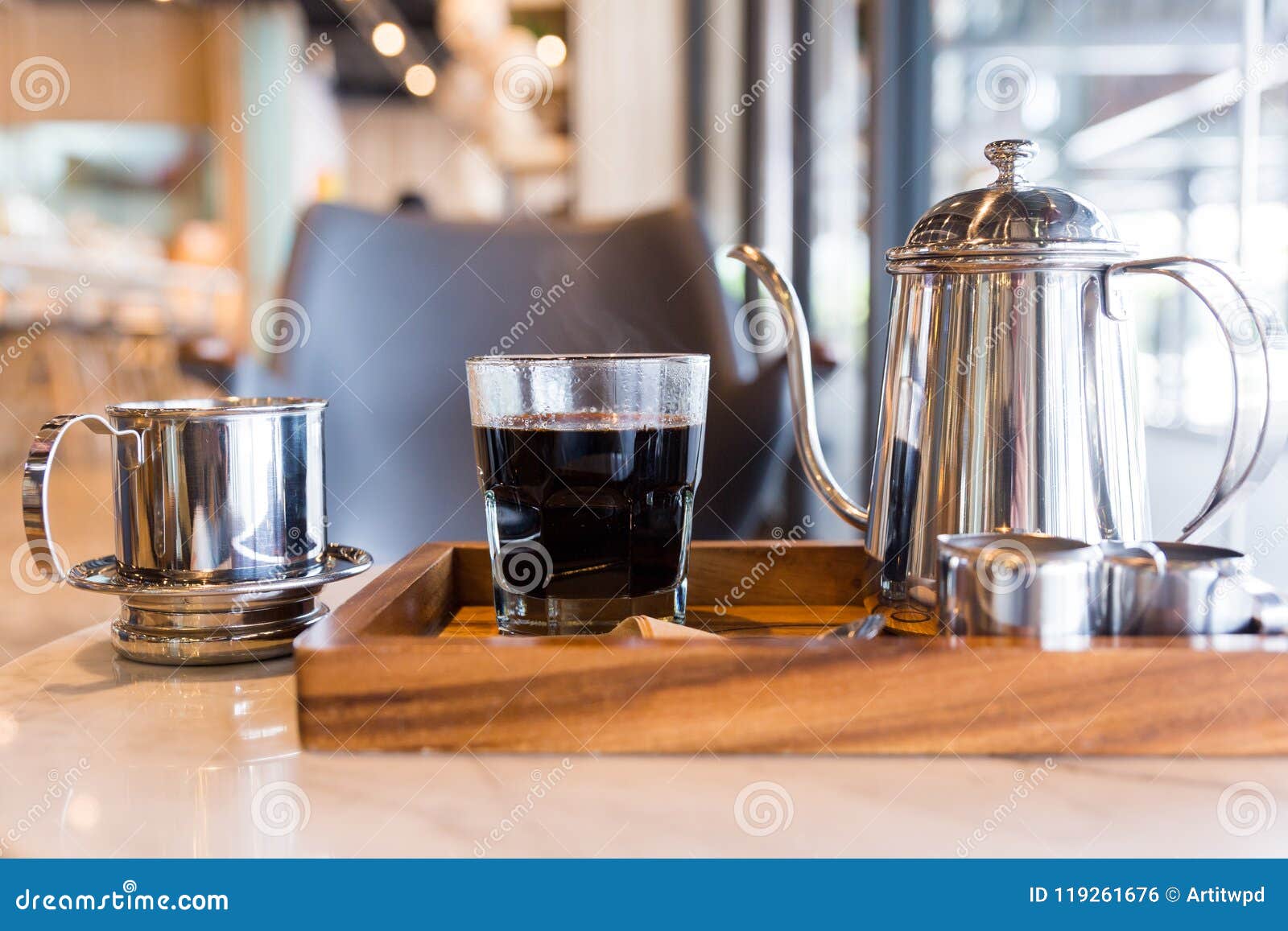 Vietnamese Drip Black Coffee With Equipments Stock Photo