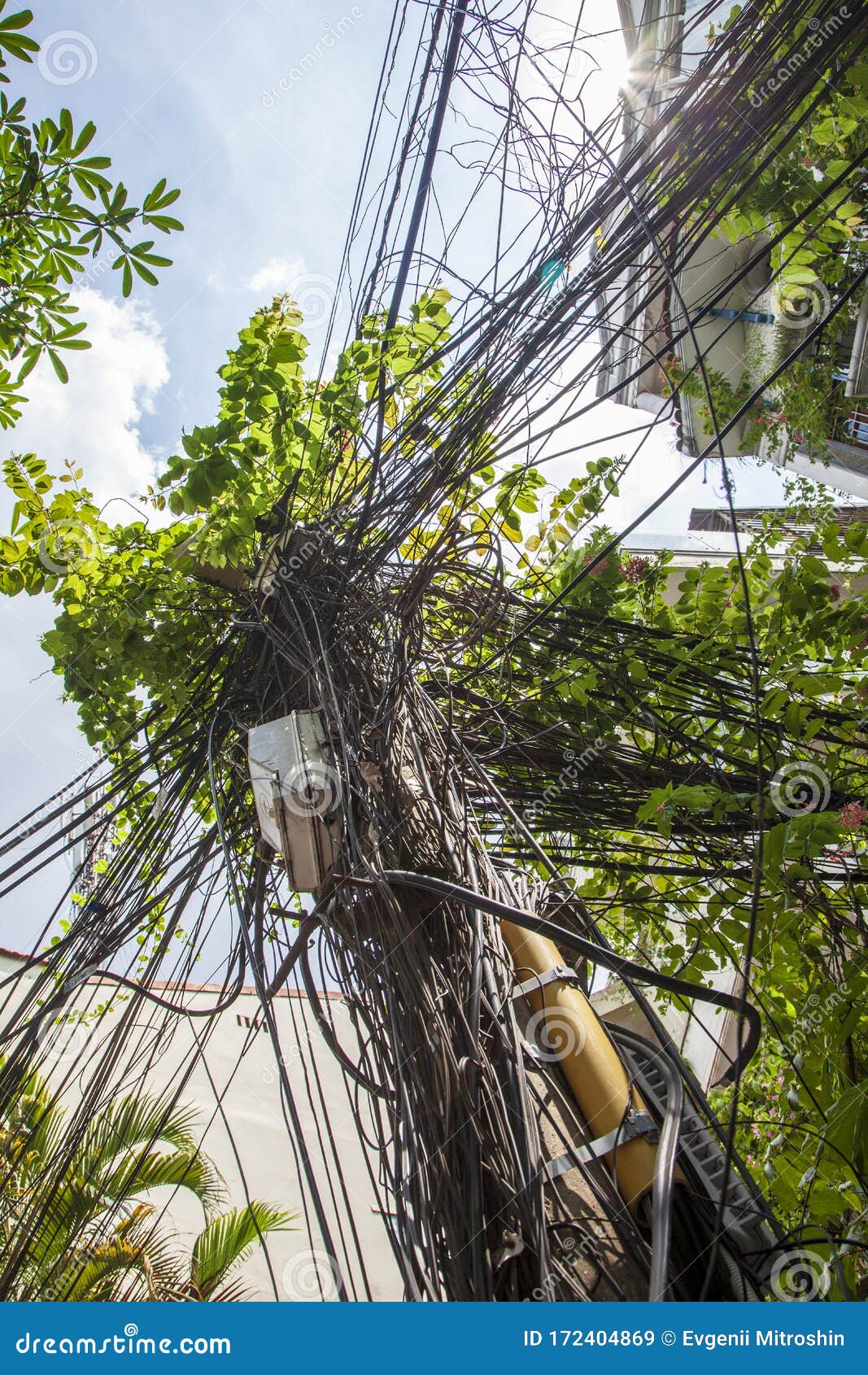 Vietnamese Electrical Networks. Electrical Wires on Poles in Hanoi