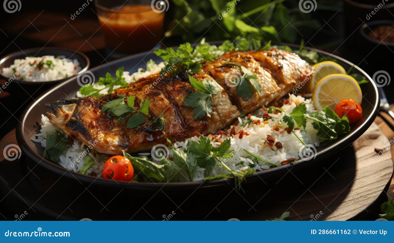 Vietnamese Grilled Fish Marinated in Lemongrass. Generative AI. Stock Illustration