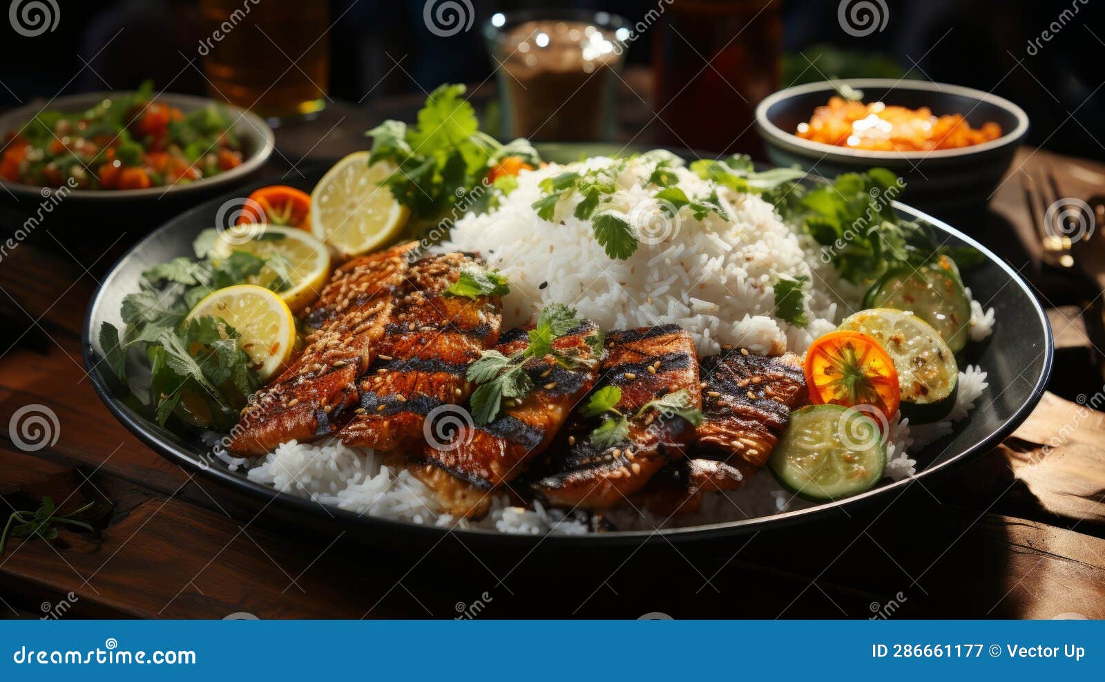 Vietnamese Grilled Fish Marinated in Lemongrass. Generative AI. Stock Illustration